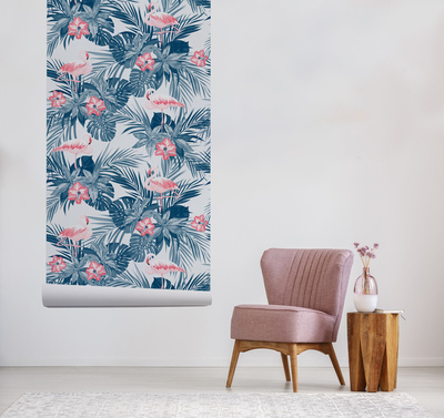Bildtapete Flamingos in tropischem Blattwerk