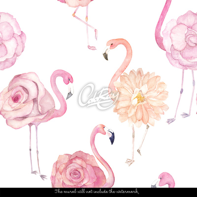 Bildtapete Flamingos, die in wilden Blumen waten