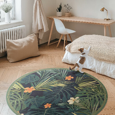 Runder vinyl teppich läufer Tropische Vegetation Blätter und Blumen Vintage