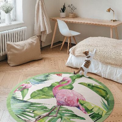 Runder vinyl teppich Flamingo in Bananenbaumblättern