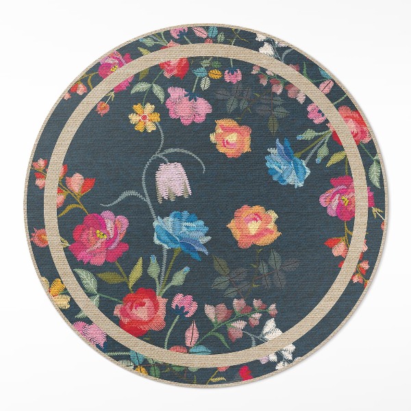 Runder teppich auf pvc Bunte gestickte Blumen