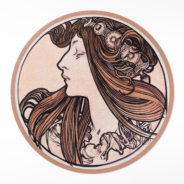 Runder teppich auf pvc Glasfenster mit der Frau von Alfonso Mucha