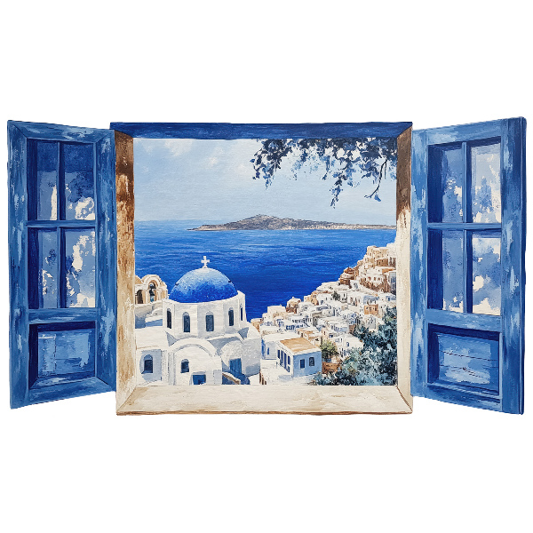 Wandtattoo Fenster 80x46 Griechische Landschaft