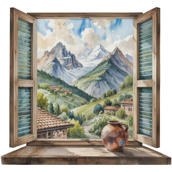 Wandtattoo Fenster 80x74 Berglandschaft