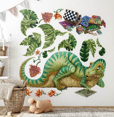 Wandtattoo 100x127 Dinosaurier im Cartoon-Stil mit Blättern und Blumen