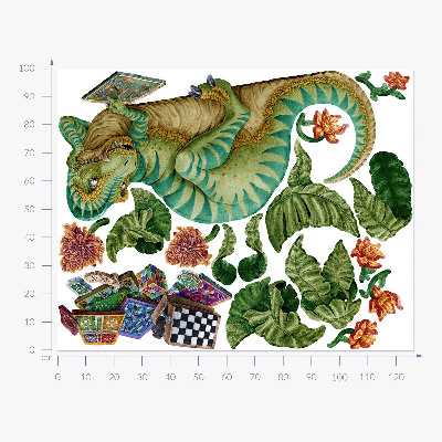 Wandtattoo 100x127 Dinosaurier im Cartoon-Stil mit Blättern und Blumen