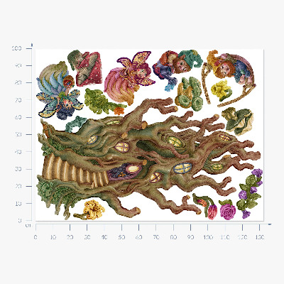 Wandtattoo 100x133 Waldgeschöpfe, Feenzwerge und ein Baumhaus