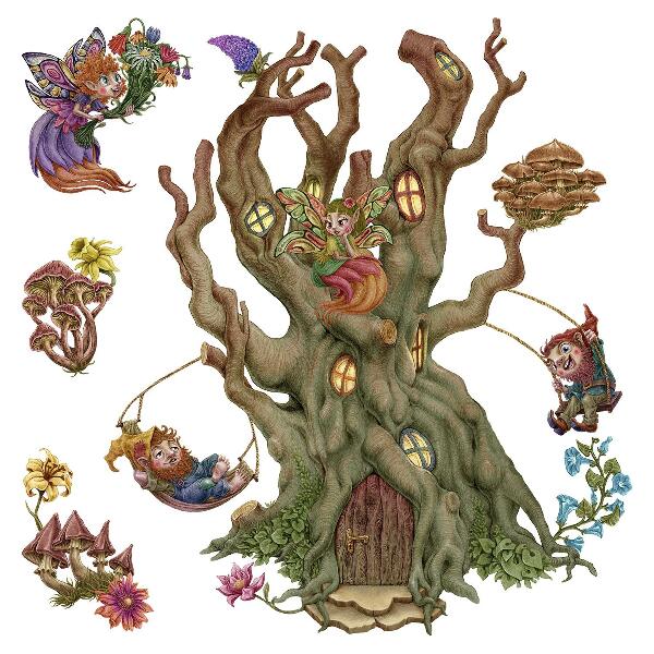 Wandtattoo 100x161 Waldzauberwesen und ein Baumhaus