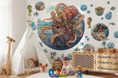 Wandtattoo 100x120 Eine märchenhafte Unterwasserwelt mit einem Oktopus und einem Schiff