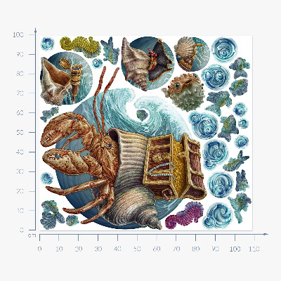 Wandtattoo 100x109 Ein Unterwassermärchen mit Krabben im Cartoon-Stil