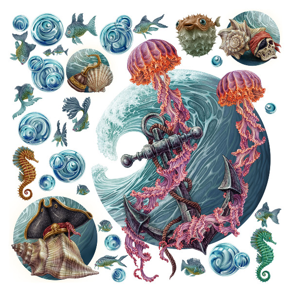 Wandtattoo 100x107 Unterwassermärchen mit Meeresquallen in der Zeichnung