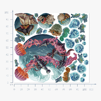 Wandtattoo 100x107 Unterwassermärchen mit Meeresquallen in der Zeichnung
