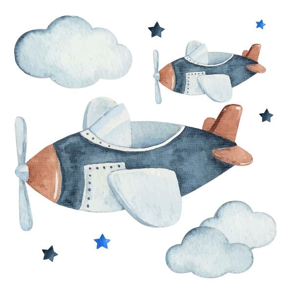 Wandtattoo 100x171 Pastellfarbene Flugzeuge auf einem Aquarellhintergrund