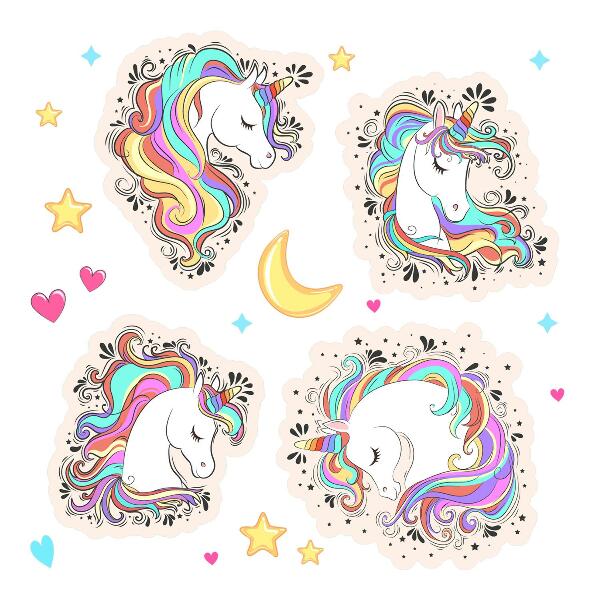 Wandtattoo 100x139 Bunte, bezaubernde Einhörner mit Sternen und Mond