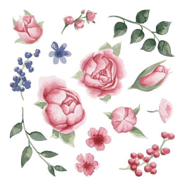 Wandtattoo 100x128 Blumenaquarelle mit Pfingstrosen in Pastelltönen