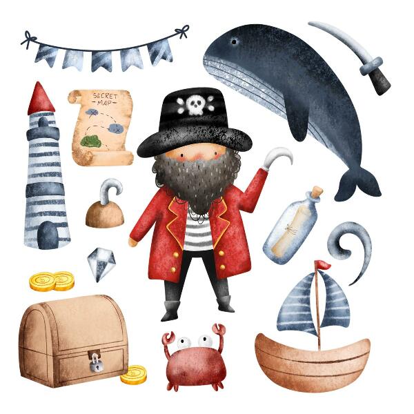 Wandsticker 100x138 Piratenwelt in Pastell-Aquarellen