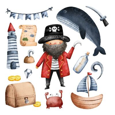 Wandsticker 100x138 Piratenwelt in Pastell-Aquarellen