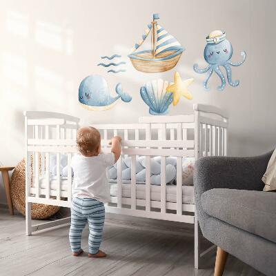 Wandsticker 100x132 Meerestiere und ein Boot in Pastell-Aquarell