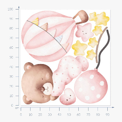 Wandsticker 100x93 Teddybär mit Luftballons und Sternen in Pastell-Aquarell