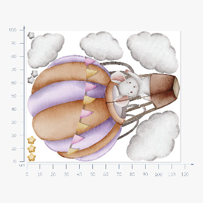 Wandsticker 100x117 Die Ballonfahrt einer Maus in Pastellwolken
