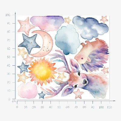 Wandsticker 100x110 Pastellfarbene Aquarelltiere und Himmel