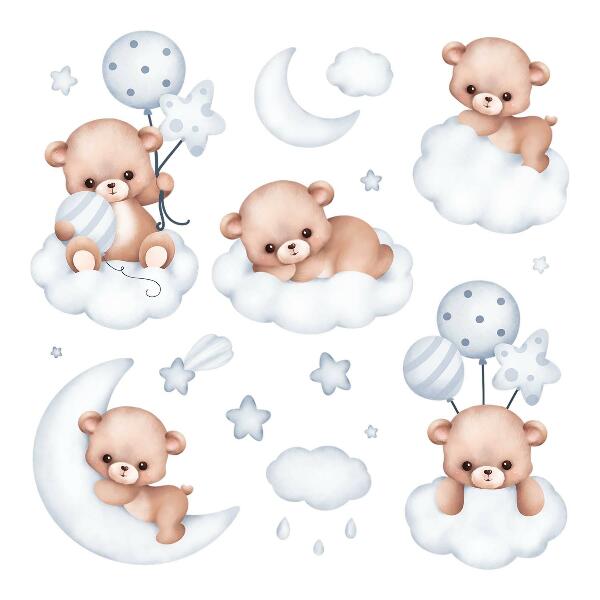 Wandsticker 100x176 Süße Teddybären in Wolken in Pastelltönen