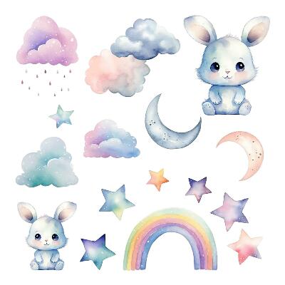 Wandsticker 100x134 Hasen in einem pastellfarbenen Himmel mit Regenbogen und Sternen