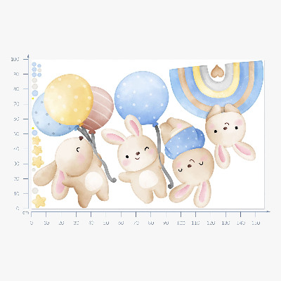 Wandsticker 100x156 Hasen mit Luftballons in einem pastellfarbenen Regenbogen