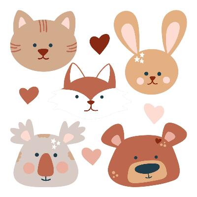 Wandsticker 100x162 Waldtiere in Boho-Pastellherzen