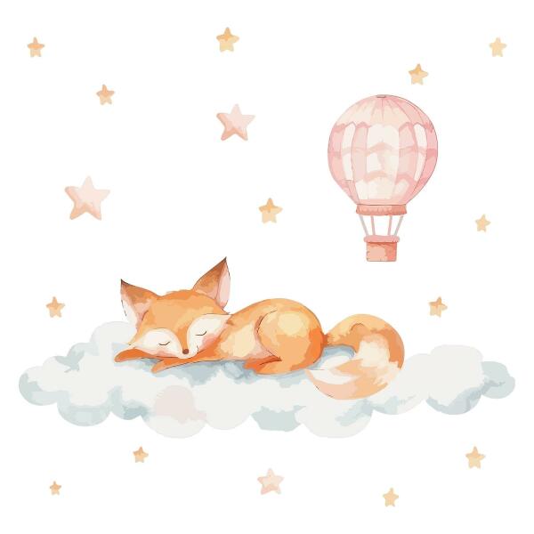 Wandaufkleber 100x156 Pastellfuchs in einer Wolke mit Sternen und einem Ballon