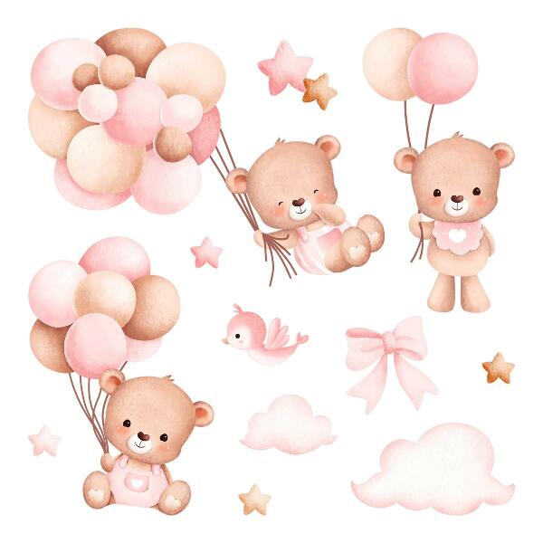 Wandaufkleber 100x154 Entzückende Teddybären mit Luftballons in Pastell-Aquarell