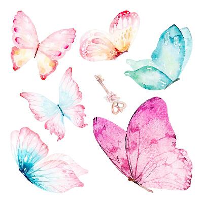 Wandaufkleber 100x161 Schlüssel mit pastellfarbenen Schmetterlingen im Aquarellstil