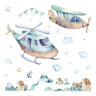 Wandaufkleber 100x145 Hubschrauber und Flugzeug in einer pastellfarbenen Stadt