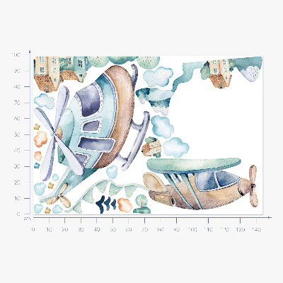 Wandaufkleber 100x145 Hubschrauber und Flugzeug in einer pastellfarbenen Stadt
