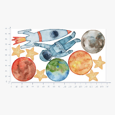 Wandaufkleber 100x178 Weltraumplaneten mit Astronauten und Aquarellrakete