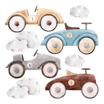 Wandaufkleber 100x157 Pastellfarbene Autos und dezente Aquarellwolken