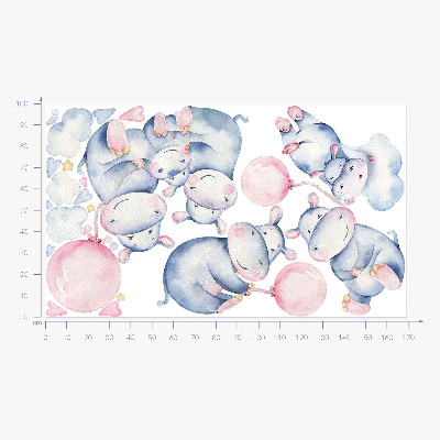 Wandaufkleber 100x169 Nilpferdfamilie mit Luftballons und Pastellwolken