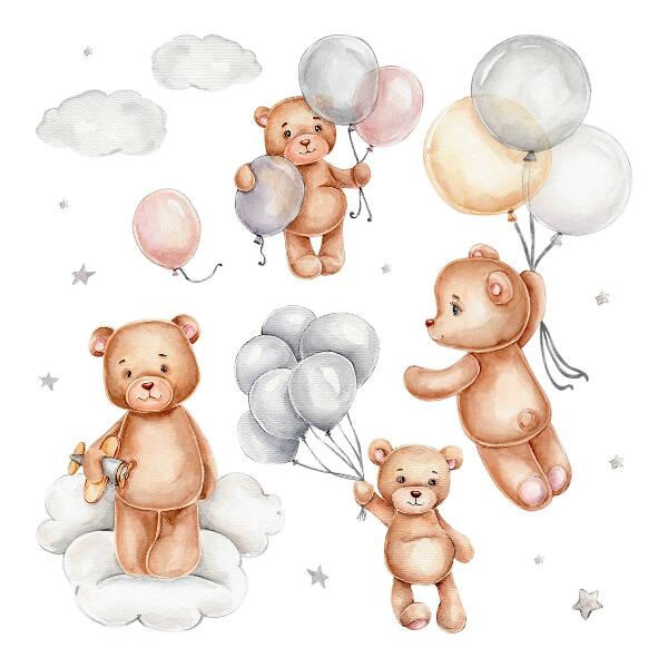 Wandaufkleber 100x150 Niedliche Teddybären mit Luftballons in Pastellwolken