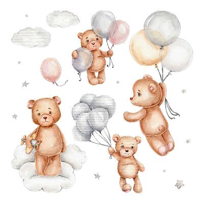 Wandaufkleber 100x150 Niedliche Teddybären mit Luftballons in Pastellwolken