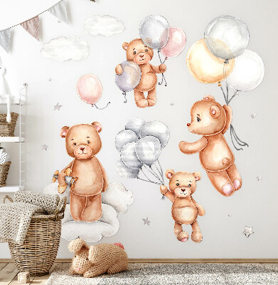 Wandaufkleber 100x150 Niedliche Teddybären mit Luftballons in Pastellwolken