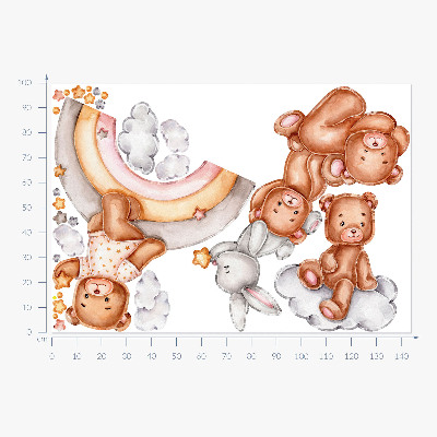 Wandaufkleber 100x145 Teddybären und ein Kaninchen in einem pastellfarbenen Regenbogen und Wolken