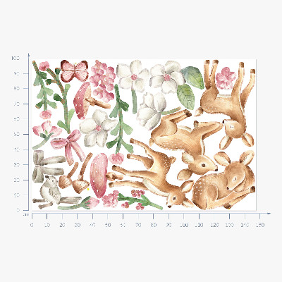 Wandaufkleber 100x148 Waldtiere in Pastell-Aquarell mit Hirschmustern