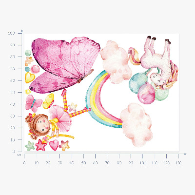 Wandaufkleber 100x131 Pastellfarbenes Einhorn mit Luftballons auf einem Regenbogen