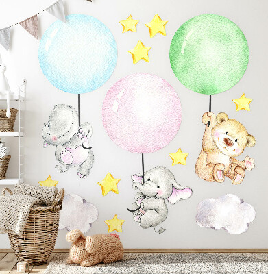 Wandaufkleber 100x141 Kleine Tiere mit Luftballons in Pastellfarben