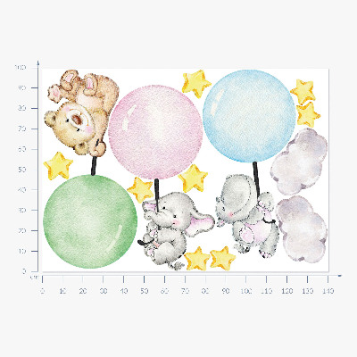 Wandaufkleber 100x141 Kleine Tiere mit Luftballons in Pastellfarben