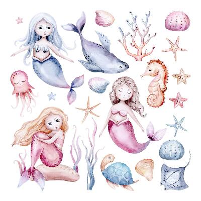 Wandaufkleber 100x126 Ein Unterwasserland voller pastellfarbener Meerjungfrauen und Fauna