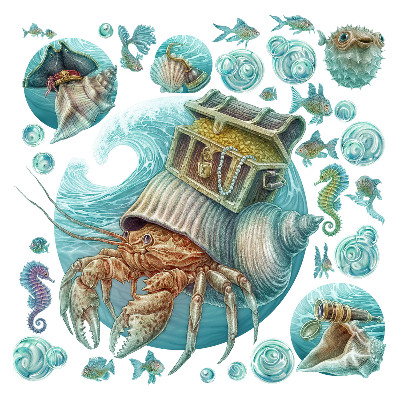 Wandtattoo 100x105 Unterwasserland der Krabben im Pastellstil