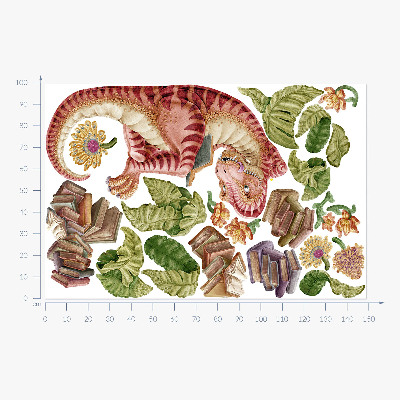 Wandtattoo 100x149 Roter Dinosaurier mit Zeichnungen und Blumen