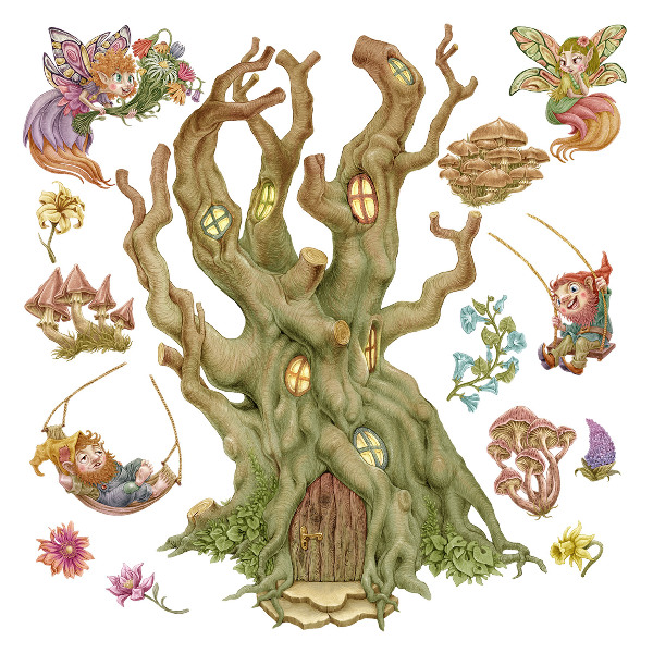 Wandtattoo 100x161 Waldzauber: Feen, Zwerge und ein Pastellhaus