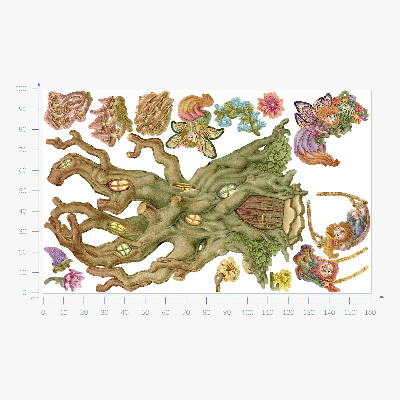 Wandtattoo 100x161 Waldzauber: Feen, Zwerge und ein Pastellhaus
